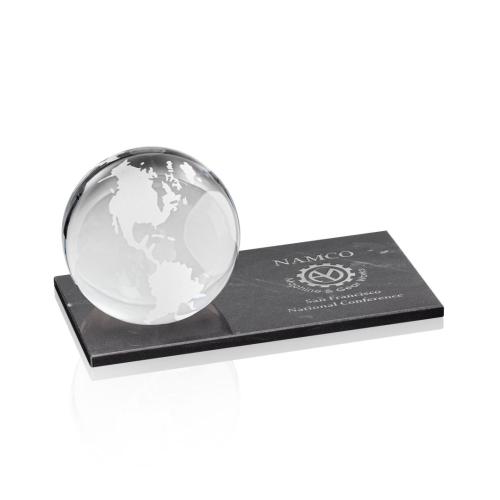 Awards and Trophies - Globe Globe on Rect Marble Base Crystal Award