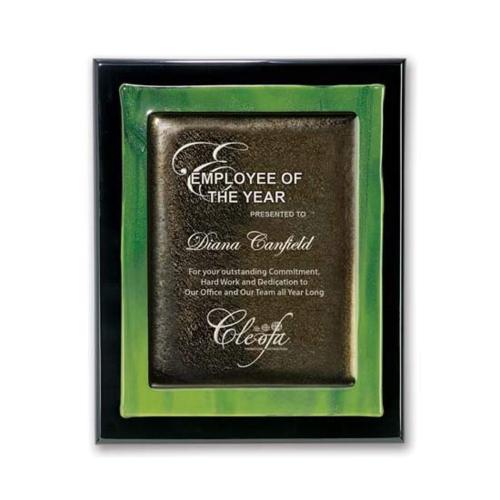 Awards and Trophies - Crystal Awards - Glass Awards - Art Glass Awards - Metallic Fusion Plaque - Black/Green