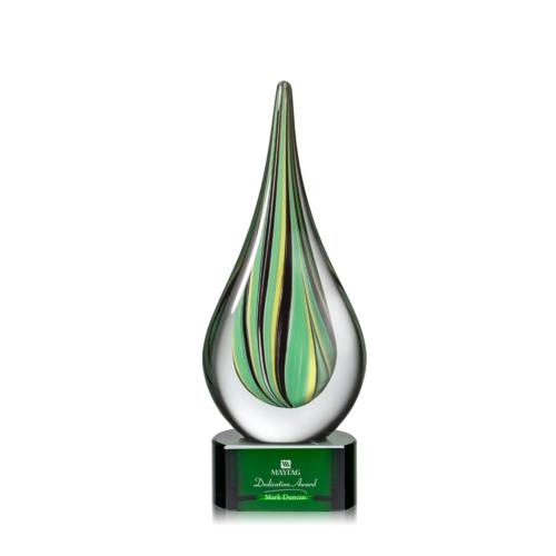 Awards and Trophies - Crystal Awards - Glass Awards - Art Glass Awards - Aquilon Green Base Tear Drop Glass Award