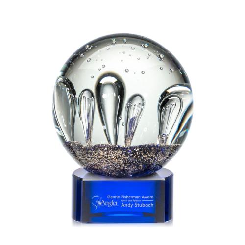 Awards and Trophies - Crystal Awards - Glass Awards - Art Glass Awards - Serendipity Blue on Paragon Base Globe Glass Award