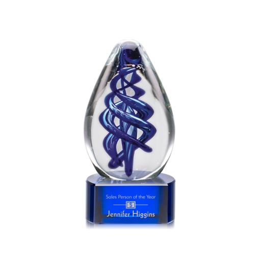 Awards and Trophies - Crystal Awards - Glass Awards - Art Glass Awards - Expedia Blue on Paragon Base Tear Drop Glass Award