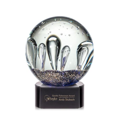 Awards and Trophies - Crystal Awards - Glass Awards - Art Glass Awards - Serendipity Black on Paragon Base Globe Glass Award