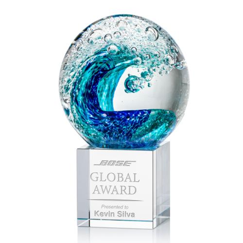Awards and Trophies - Crystal Awards - Glass Awards - Art Glass Awards - Surfside Globe on Granby Base Glass Award