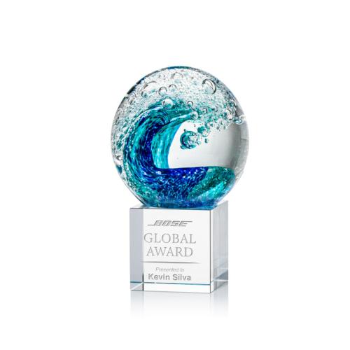 Awards and Trophies - Crystal Awards - Glass Awards - Art Glass Awards - Surfside Globe on Granby Base Glass Award