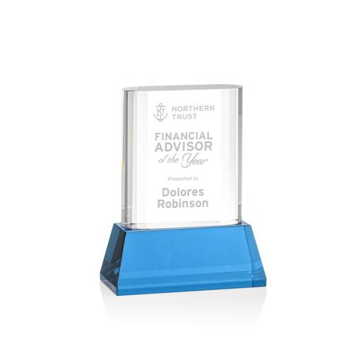 Awards and Trophies - Merit Sky Blue on Base Rectangle Crystal Award