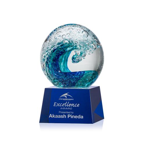Awards and Trophies - Crystal Awards - Glass Awards - Art Glass Awards - Surfside Globe on Robson Blue Glass Award