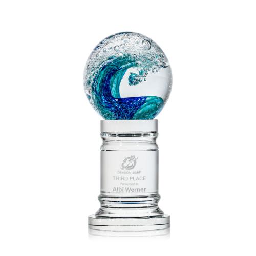 Awards and Trophies - Crystal Awards - Glass Awards - Art Glass Awards - Surfside Globe on Colverstone Base Glass Award