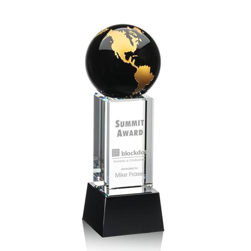 Awards and Trophies - Luz Black/Gold on Base Globe Crystal Award