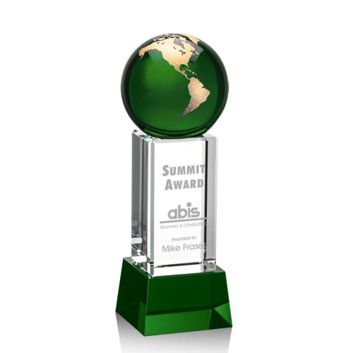 Awards and Trophies - Luz Green/Gold on Base Globe Crystal Award