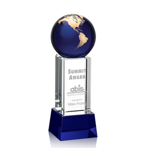 Awards and Trophies - Luz Blue/Gold on Base Globe Crystal Award