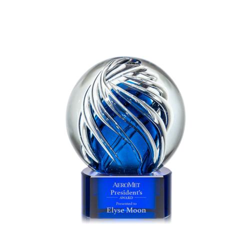 Awards and Trophies - Crystal Awards - Glass Awards - Art Glass Awards - Genista Blue on Paragon Base Globe Glass Award