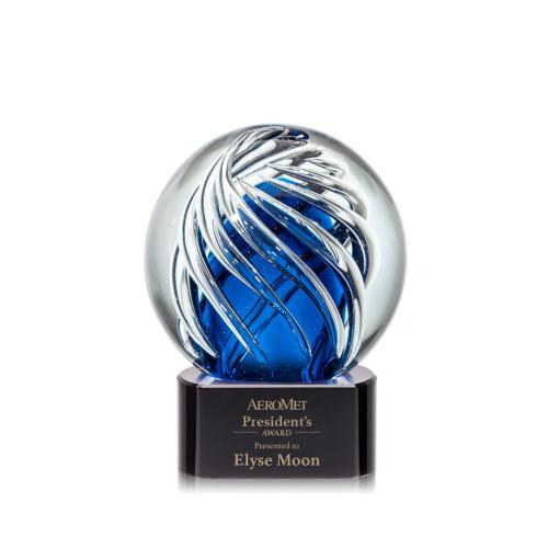 Awards and Trophies - Crystal Awards - Glass Awards - Art Glass Awards - Genista Black on Paragon Base Globe Glass Award