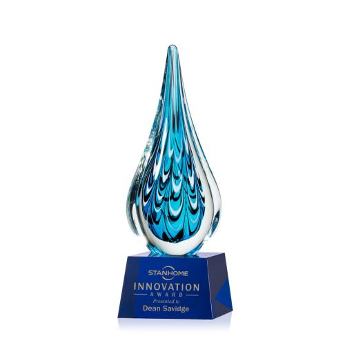 Awards and Trophies - Crystal Awards - Glass Awards - Art Glass Awards - Worchester Blue on Robson Base Tear Drop Glass Award