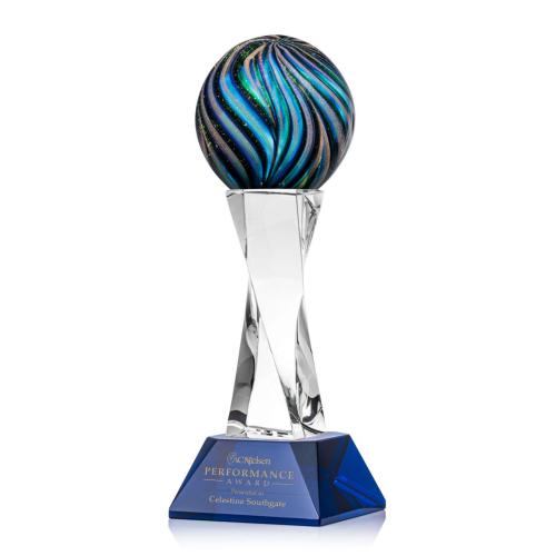 Awards and Trophies - Crystal Awards - Glass Awards - Art Glass Awards - Malton Blue on Langport Base Globe Glass Award