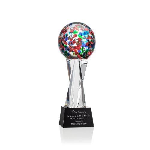 Awards and Trophies - Crystal Awards - Glass Awards - Art Glass Awards - Fantasia Black on Grafton Base Globe Glass Award