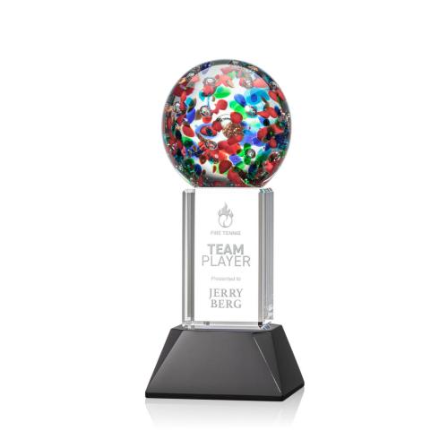 Awards and Trophies - Crystal Awards - Glass Awards - Art Glass Awards - Fantasia Black on Stowe Base Globe Glass Award