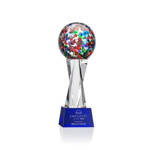 Awards and Trophies - Crystal Awards - Glass Awards - Art Glass Awards - Fantasia Blue on Grafton Base Globe Glass Award