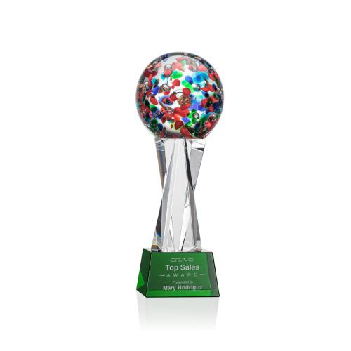 Awards and Trophies - Crystal Awards - Glass Awards - Art Glass Awards - Fantasia Green on Grafton Base Globe Glass Award