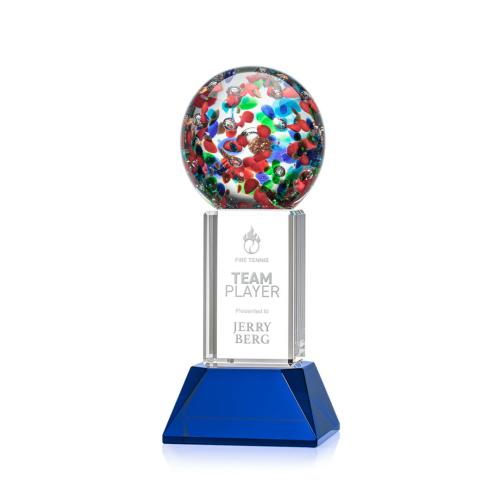 Awards and Trophies - Crystal Awards - Glass Awards - Art Glass Awards - Fantasia Blue on Stowe Base Globe Glass Award