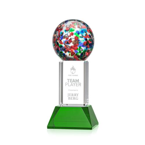 Awards and Trophies - Crystal Awards - Glass Awards - Art Glass Awards - Fantasia Green on Stowe Base Globe Glass Award