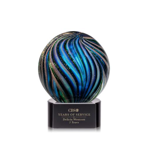 Awards and Trophies - Crystal Awards - Glass Awards - Art Glass Awards - Malton Black on Paragon Base Globe Glass Award