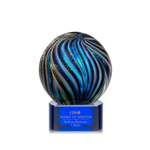 Awards and Trophies - Crystal Awards - Glass Awards - Art Glass Awards - Malton Blue on Paragon Base Globe Glass Award