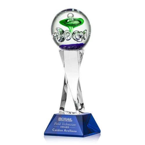 Awards and Trophies - Crystal Awards - Glass Awards - Art Glass Awards - Aquarius Blue on Langport Base Towers Glass Award