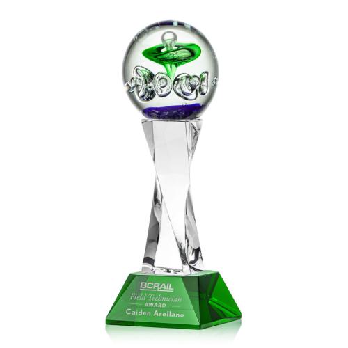 Awards and Trophies - Crystal Awards - Glass Awards - Art Glass Awards - Aquarius Green on Langport Base Towers Glass Award