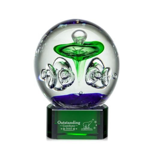Awards and Trophies - Crystal Awards - Glass Awards - Art Glass Awards - Aquarius Green on Paragon Base Globe Glass Award