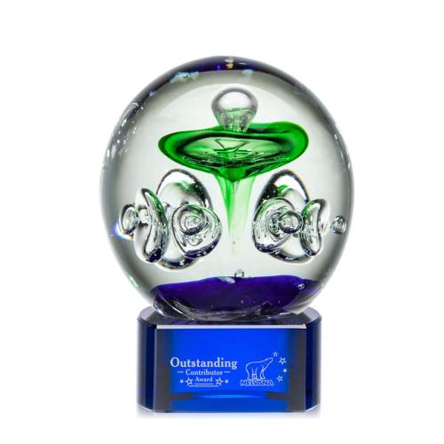 Awards and Trophies - Crystal Awards - Glass Awards - Art Glass Awards - Aquarius Blue on Paragon Base Globe Glass Award