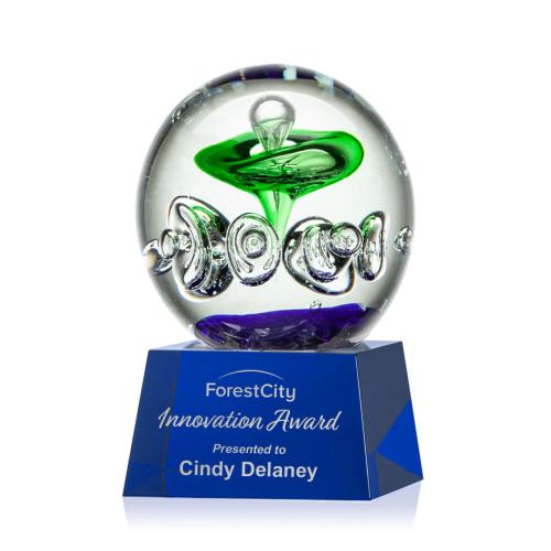 Awards and Trophies - Crystal Awards - Glass Awards - Art Glass Awards - Aquarius Blue on Robson Base Globe Glass Award