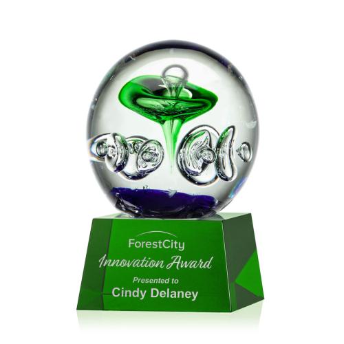 Awards and Trophies - Crystal Awards - Glass Awards - Art Glass Awards - Aquarius Green on Robson Base Globe Glass Award
