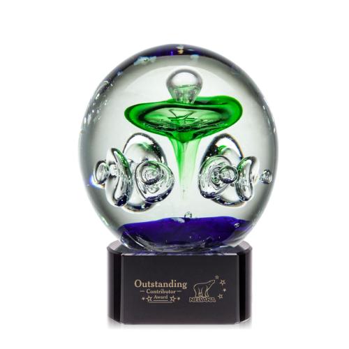 Awards and Trophies - Crystal Awards - Glass Awards - Art Glass Awards - Aquarius Black on Paragon Base Globe Glass Award