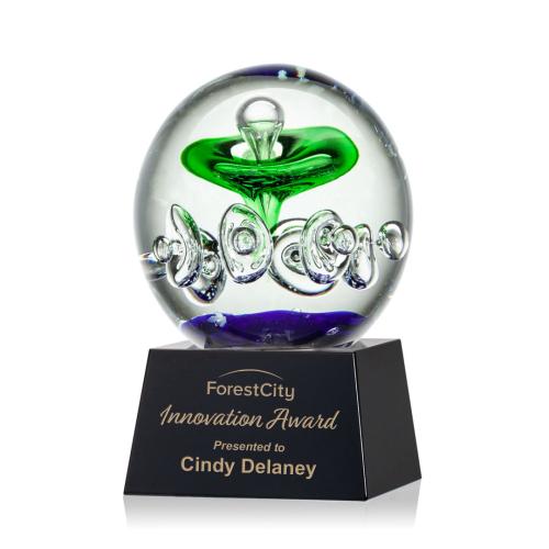 Awards and Trophies - Crystal Awards - Glass Awards - Art Glass Awards - Aquarius Black on Robson Base Globe Glass Award