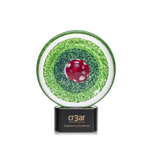 Awards and Trophies - Crystal Awards - Glass Awards - Art Glass Awards - On Target Circle on Black Base Glass Award