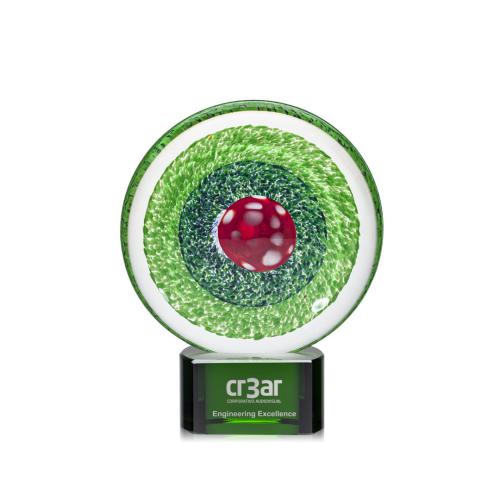 Awards and Trophies - Crystal Awards - Glass Awards - Art Glass Awards - On Target Circle on Green Base Glass Award