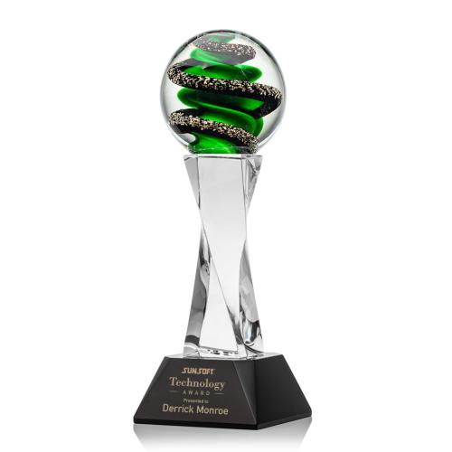 Awards and Trophies - Crystal Awards - Glass Awards - Art Glass Awards - Zodiac Black on Langport Base Globe Glass Award