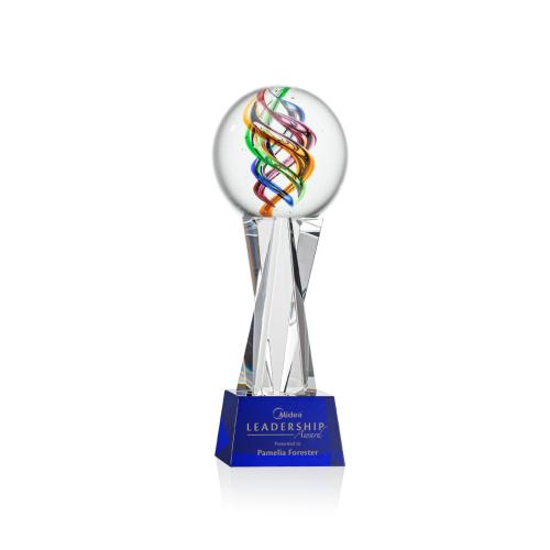 Awards and Trophies - Crystal Awards - Glass Awards - Art Glass Awards - Galileo Blue on Grafton Base Globe Glass Award