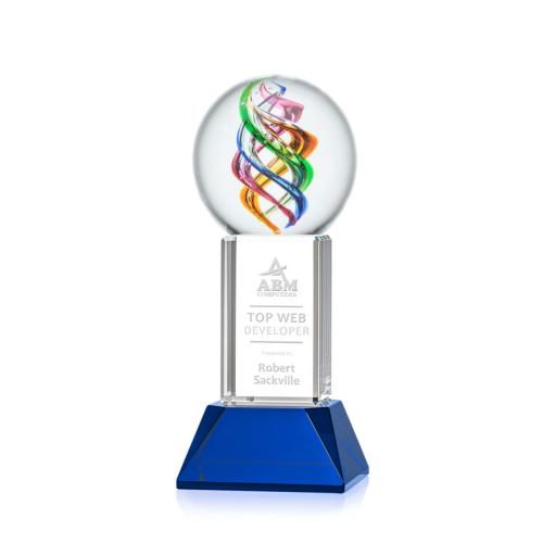 Awards and Trophies - Crystal Awards - Glass Awards - Art Glass Awards - Galileo Blue on Stowe Base Globe Glass Award