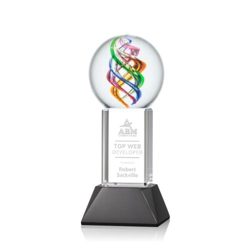 Awards and Trophies - Crystal Awards - Glass Awards - Art Glass Awards - Galileo Black on Stowe Base Globe Glass Award