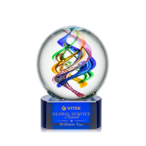 Awards and Trophies - Crystal Awards - Glass Awards - Art Glass Awards - Galileo Blue on Paragon Base Globe Glass Award
