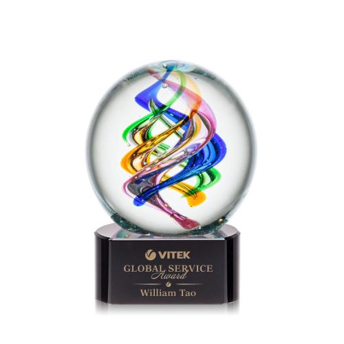 Awards and Trophies - Crystal Awards - Glass Awards - Art Glass Awards - Galileo Black on Paragon Base Globe Glass Award