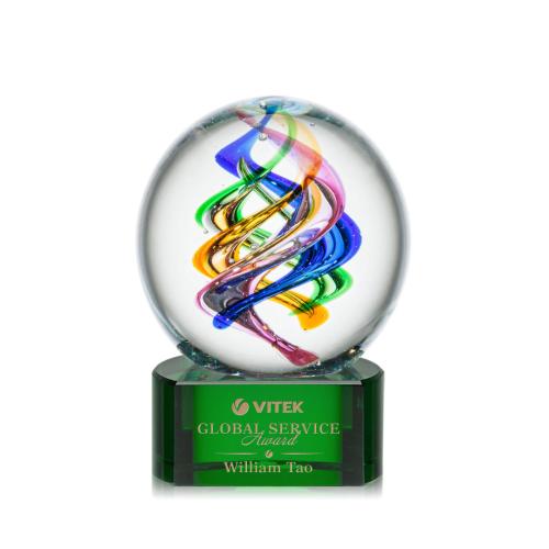 Awards and Trophies - Crystal Awards - Glass Awards - Art Glass Awards - Galileo Green on Paragon Base Globe Glass Award