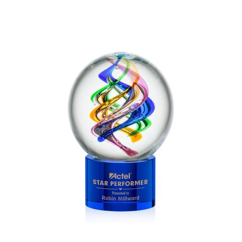 Awards and Trophies - Crystal Awards - Glass Awards - Art Glass Awards - Galileo Blue on Marvel Base Globe Glass Award