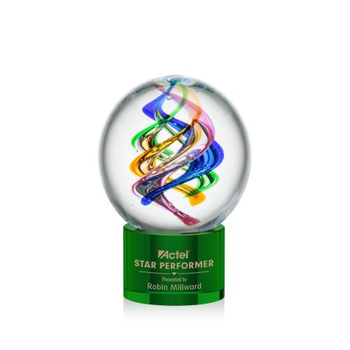 Awards and Trophies - Crystal Awards - Glass Awards - Art Glass Awards - Galileo Green on Marvel Base Globe Glass Award