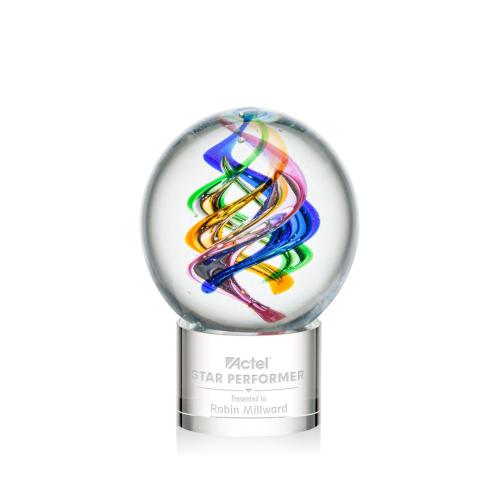 Awards and Trophies - Crystal Awards - Glass Awards - Art Glass Awards - Galileo Clear on Marvel Base Globe Glass Award