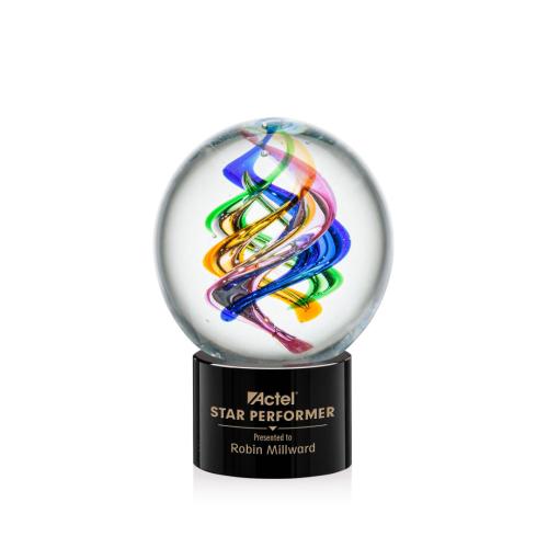 Awards and Trophies - Crystal Awards - Glass Awards - Art Glass Awards - Galileo Black on Marvel Base Globe Glass Award