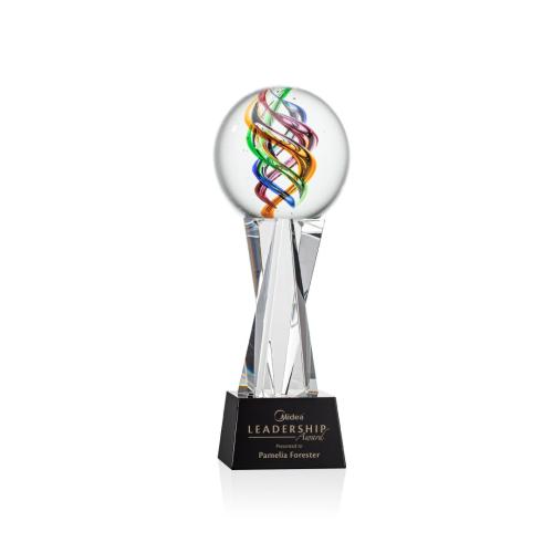 Awards and Trophies - Crystal Awards - Glass Awards - Art Glass Awards - Galileo Black on Grafton Base Globe Glass Award