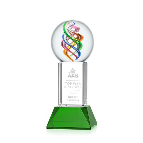Awards and Trophies - Crystal Awards - Glass Awards - Art Glass Awards - Galileo Green on Stowe Base Globe Glass Award
