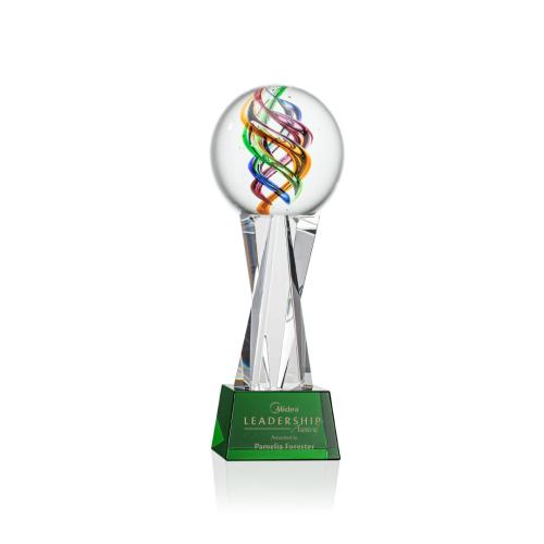 Awards and Trophies - Crystal Awards - Glass Awards - Art Glass Awards - Galileo Green on Grafton Base Globe Glass Award